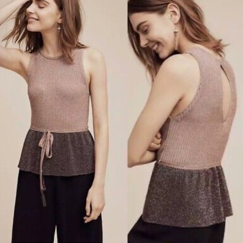 NEW Anthropologie Moth Riella Lurex Knit Tank Top Peplum Blouse Size S Metallic